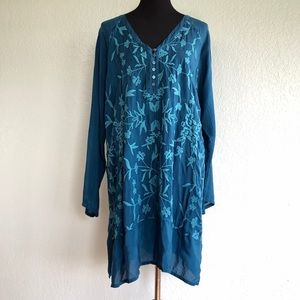 Johnny Was Tunic Embroidered Teal Size L Blue Floral Flowy Long Sleeve Top